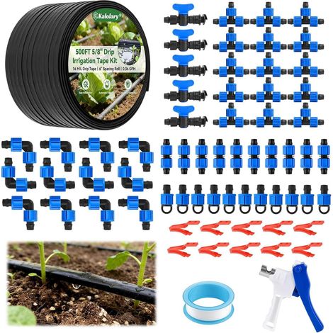 500 pieds 5/8 pouce Kit d'Irrigation Goutte à Goutte, Tuyau d'Arrosage Goutte à Goutte PE Renforcé 16 mil Rouleau 6 Pouces avec Raccords Ruban d'Irrigation Perforatrice pour Jardin Paysager (1/5)