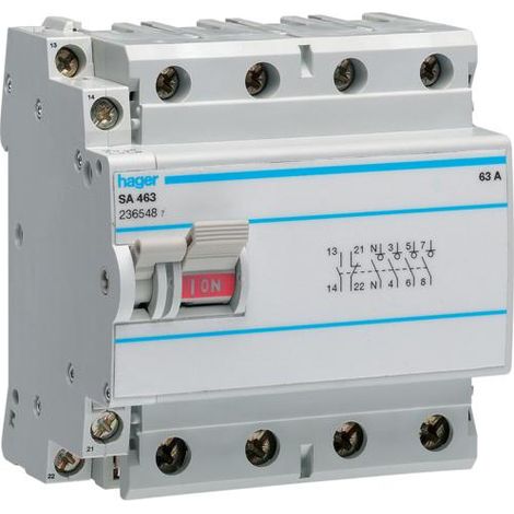 Hager – Interrupteur à déclenchement libre 4 Pôles 63A – Tension 230V – Courant 63A – Montage encastré – Classe de protection IP20