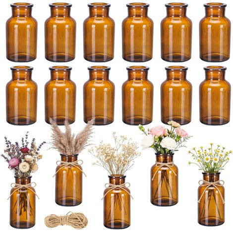 Lot de 12 Mini Vases en Verre Ambré, Petits Vases Vintage pour Décoration de Table, Vase Bohème pour Mariage, Salon, Fête Décoration Rustique (1/5)