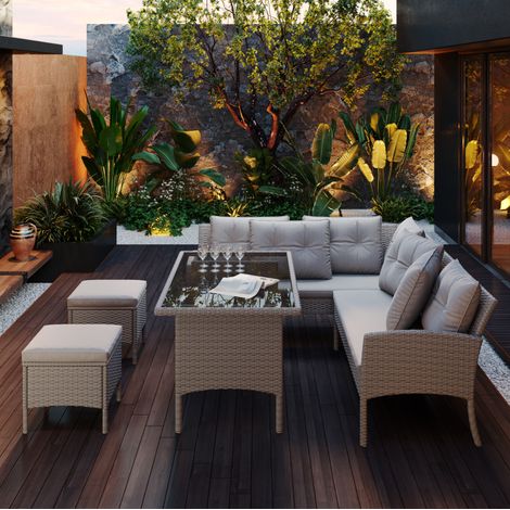 Tumbonas de jardín y conjunto lounge de PE ratán caqui con mesa de vidrio templado, sofá, taburetes y cojines lavables para 7 personas (1/5)