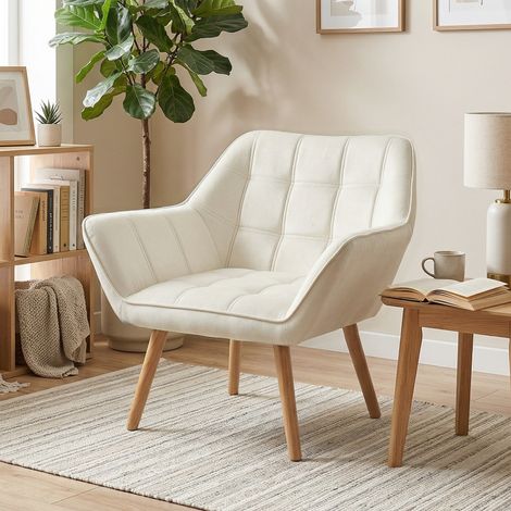 Poltrona scandinave en bois et velours beige crème, pour salon ou bureau, 67x61.5x71cm (1/5)