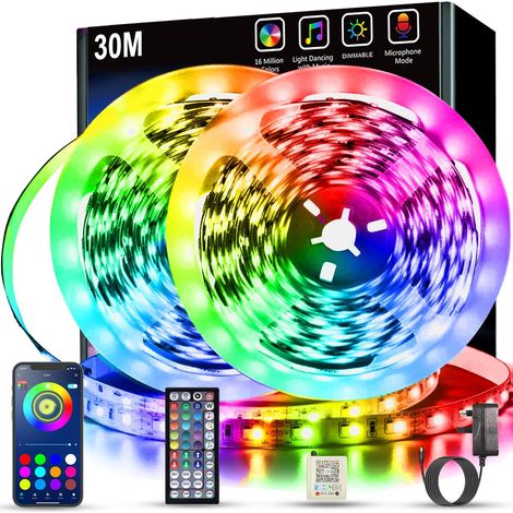 Bande LED 30 m (2 rouleaux de 15 m) avec contrôle via application intelligente, synchronisation musicale, changement de couleur et télécommande Bluetooth.