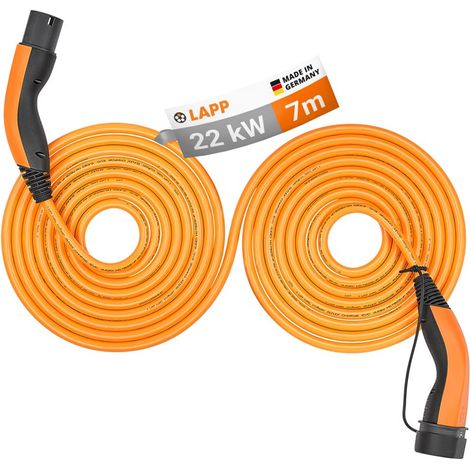 Cable de carga autorretráctil de tipo 2, hasta 22 kw, 7 m, naranja, (5555934053) 32 a, trifásico, para cargar coches híbridos y eléctricos con conexión de tipo 4.