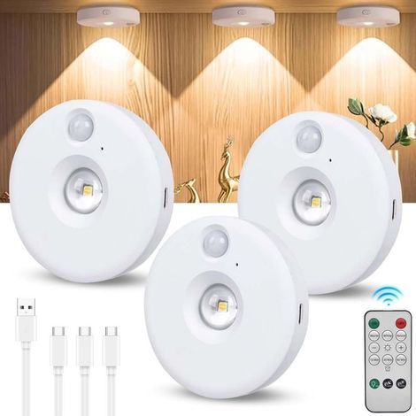 Ensemble de 3 spots LED sans fil avec télécommande. alimentés par batterie rechargeable et à intensité variable magnétique. pour armoires. penderies et vitrines. (1/5)