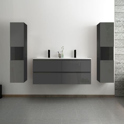 Acezanble – Ensemble meuble salle de bain 120 cm – 4 tiroirs à fermeture automatique – double lavabo céramique – colonne haute suspendue (1/5)