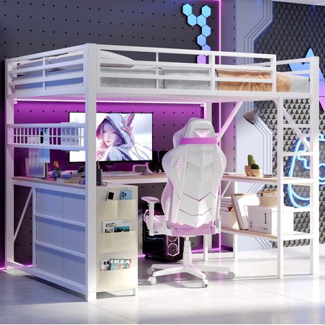 Etagenbett 140/200 cm bianco con scrivania, cassetti e LED (1/5)