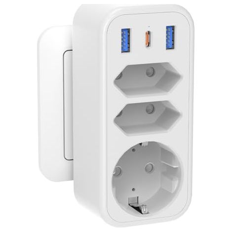 Adaptateur Multiprise 6-en-1 - Prise Schuko + 2 Prises Euro + 1 USB-C PD 20 W + 2 USB-A - 4000 W 250 V 16 A - Sans Câble - 1 Pièce (1/5)