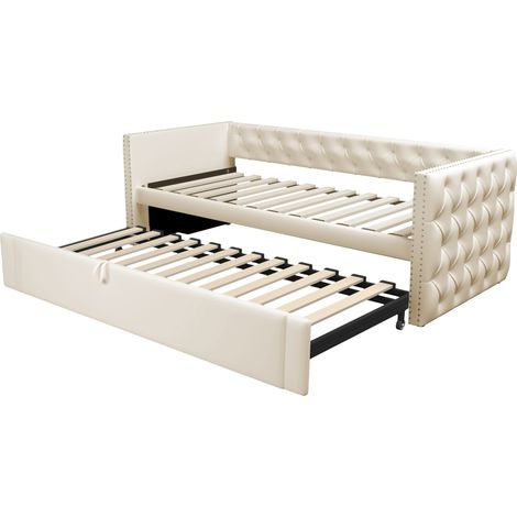 Lit capitonné, canapé-lit extensible 90200 cm avec sommier à lattes, lit multifonctionnel pour invités, tissu velours doux pour la peau, beige (matelas non inclus), ancien SKU LDU00233AAA