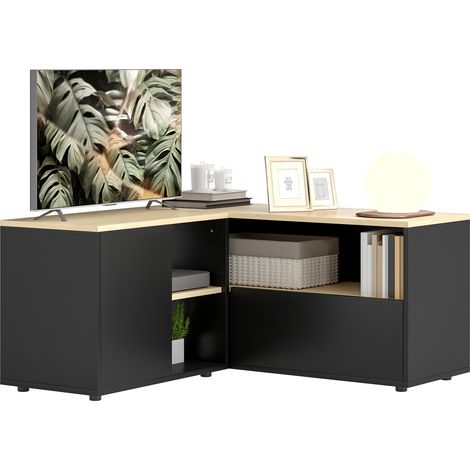 Meuble TV d'angle banc télévision jusqu'à 40 pouces avec 2 placards et 3 niches 90 x 90 x 45 cm chêne et noir (1/5)