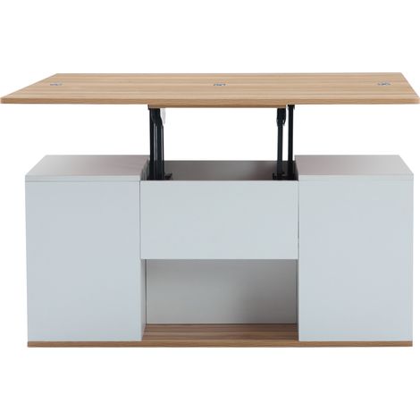Table basse relevable multifonction à plateau extensible en deux tables, blanc et bois naturel, deux tiroirs, 100 x 51 cm, salon (1/5)
