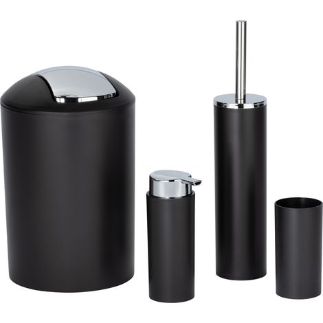 Lot de 4 accessoires pour la salle de bain Calvo WENKO, distributeur de savon liquide, gobelet à brosse à dent, brosse WC, poubelle salle de bain 6,5L, chromé, Plastique, Noir