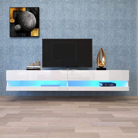 Mueble de TV blanco con iluminación LED y múltiples espacios de almacenaje, 140x40x30,5cm (1/5)