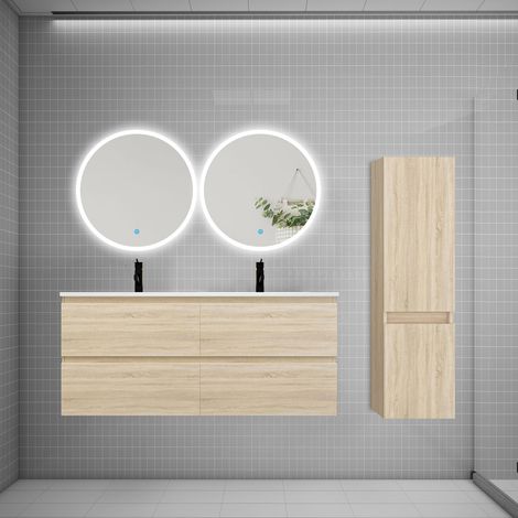 Ensemble meuble double vasque L.120cm 4 tiroirs + lavabo + 2LED miroirs rond 60cm + colonne C,chêne