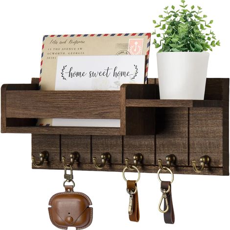 Porte-clés et organiseur de courrier décoratif en noyer avec 6 crochets, porte-clés mural rustique en bois avec étagère pour salon ou entrée. (1/5)