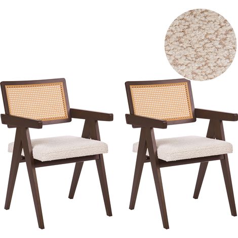 Conjunto de 2 sillas de comedor retro estructura de madera de caucho asiento de bouclé comedor cocina marrón oscuro y beige claro Ava (1/5)