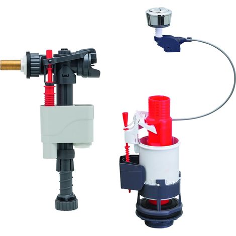 Wirquin 10723598 Caccia d'acqua wc completo meccanismo wc doppio caccia MW2 & rubinetto galleggiante a doppia alimentazione Doblo, grigio e rosso (1/4)