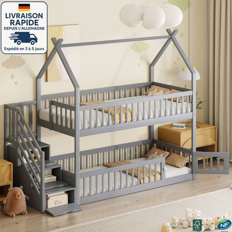 MODFU - Litera infantil 90x200cm 2 personas con escalera de almacenaje, cama individual, anticaída, sin colchón, MDF, gris (1/5)