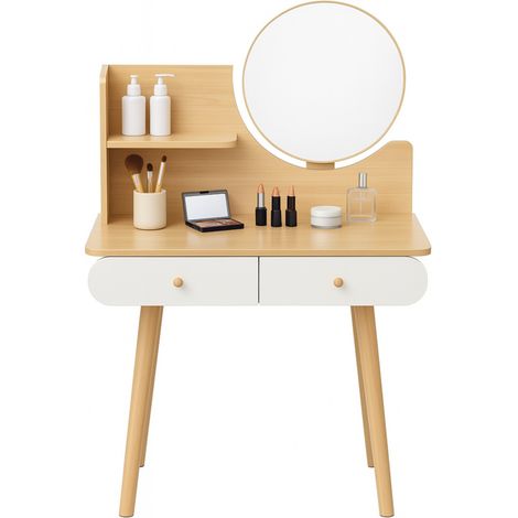 Aga Coiffeuse en bois avec miroir rond, 2 tiroirs blancs et 1 etagère de rangement MRDT08-WB