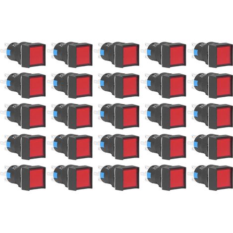 25 Interrupteurs à Bouton-Poussoir Auto-Verrillants Lumineux 16mm 220V 5A Rouge pour Tableaux Électriques