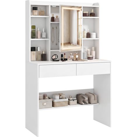 Coiffeuse avec armoire à miroir, éclairage LED, 2 tiroirs, blanche (1/5)