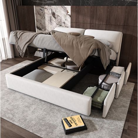 Lit capitonné moderne en velours beige 160x200 cm avec tête de lit réglable, 3 tiroirs, coffre hydraulique et sommier à lattes (1/5)