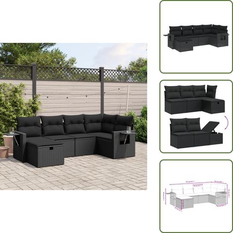 6-tlg. Garten-Sofagarnitur mit Kissen Schwarz Poly Rattan - Gartensorte - Gartenmöbelset - Esszimmergarnitur - Outdoor-Lounge - Lounge Set (1/5)