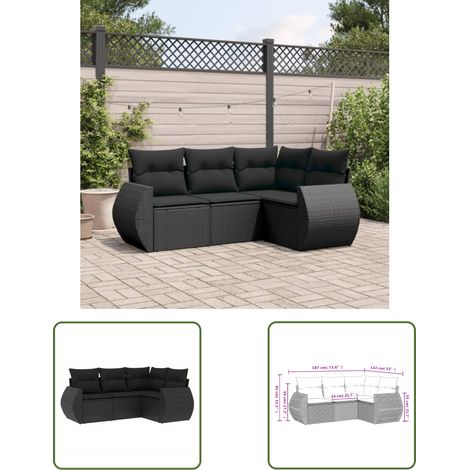 The Living Store Salon de jardin 4 pcs avec coussins noir résine tressée - Ensemble Salon De Jardin - Mobilier Extérieur - Canapé Jardin - Résine Tressée - Rotin Synthétique (1/3)