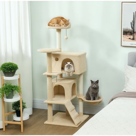 REDOM - Albero per gatti 48x48x140 cm, nicchia, amaca, scala, piattaforma, sisal, poliestere beige (1/5)