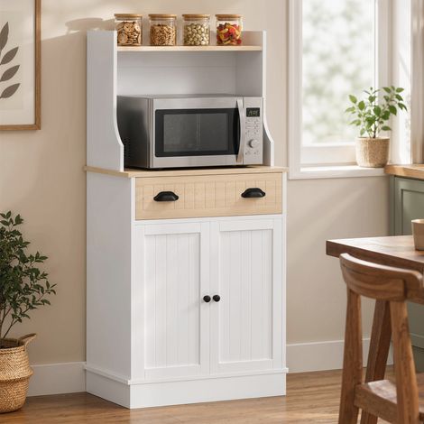 Meuble armoire micro-ondes pour cuisine avec espace ouvert 1 tiroir et placard 2 portes 61 x 35 x 125,4 cm chêne (1/5)