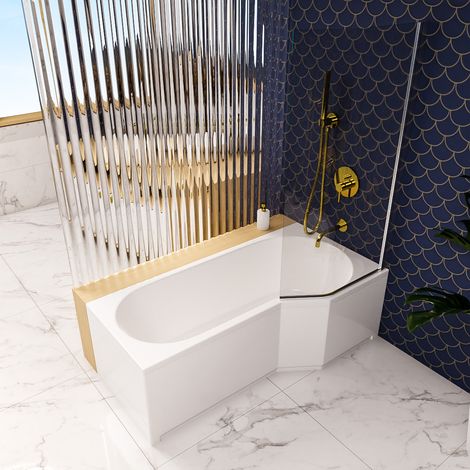 ECOLAM Badewanne Duschbadewanne Be Spot 160x80 cm rechts + Glasabtrennung Schürze Acrylwanne + Glas Badewannenabtrennung Top QUALITÄT Ablaufgarnitur Füße Komplett-Set
