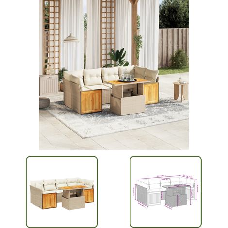 The Living Store Salon de jardin avec coussins 7 pcs beige résine tressée - Ensemble Salon De Jardin - Mobilier De Jardin - Résine Tressée - Rotin Synthétique - Table Extensible (1/3)