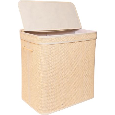 Cesto para ropa sucia Relaxdays con tapa, bambú, 130 l, 2 compartimentos, HxBxT 61 x 58 x 39 cm, baño, natural