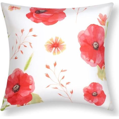Housses de coussin - AVIZAR - Lot de 2 - 40x40 cm - Motif Coquelicot - Blanc et Noir (1/5)