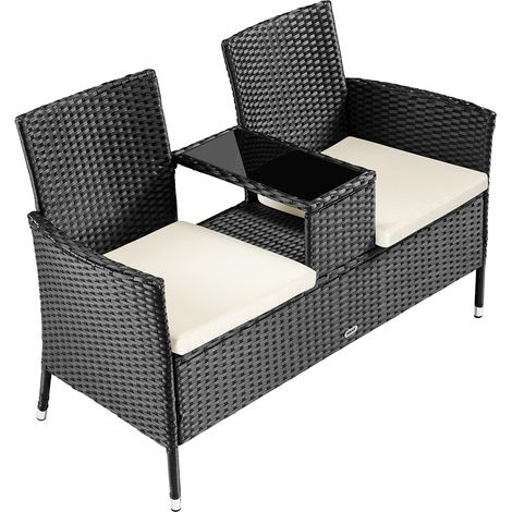 Divano da Giardino 2 Sedute Divise da Tavolino con Ripiano Vetro in Polyrattan Nero (1/4)