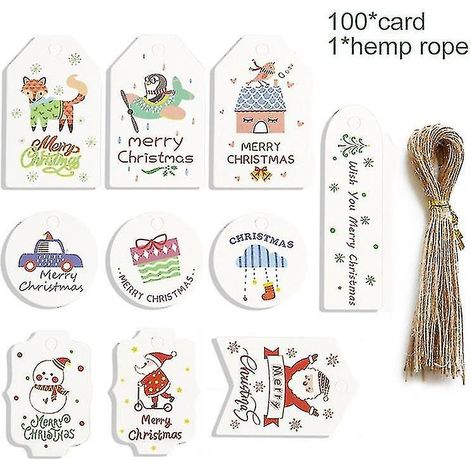 100 étiquettes cadeaux de Noël avec cordelette, motif Père Noël, à suspendre au sapin.