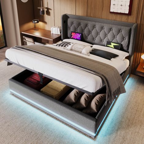 Cama doble almacenaje LED y carga USB 180x200 gris OKMYHOME (1/5)