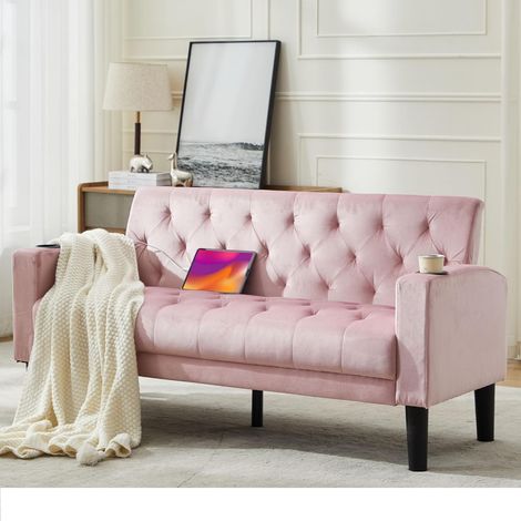 GRAVFORCE Canapé 2 Places Droit Style Moderne Rose – Structure Bois Massif, Assise Confortable, avec Prise USB Intégrée pour Salon (1/5)