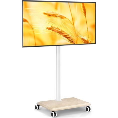 Support TV roulettes Blanc pour Téléviseurs 27-60 Pouces, Support TV sur Pied Mobile Réglable en Hauteur et Pivotant avec Base en Bois - VESA Max 400x400mm, Poids Max 40kg (Beige)