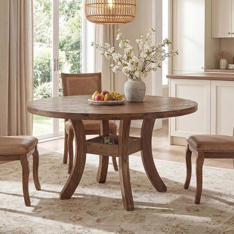 Table à Manger Ronde en Bois Massif de 120cm pour 4 à 6 Personnes, Table de Cuisine Circulaire de Style Fermier aux Pieds Incurvés Uniques, pour Salle à Manger, Salon et Cuisine, Marron (1/5)