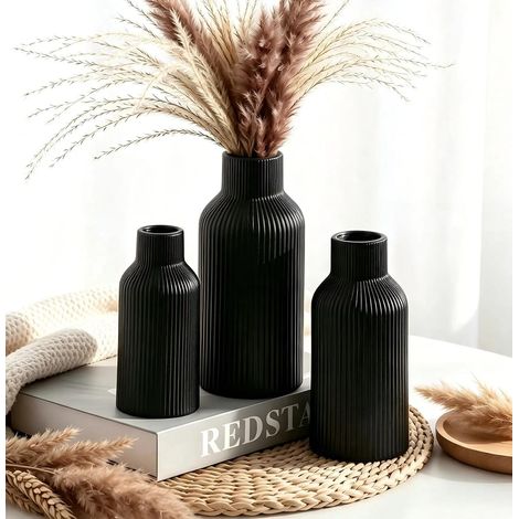Petit vase à fleurs en céramique noire, herbe de la pampa pour table à manger, décoration d'étagère, cheminée, décoration d'entrée et centres de table, minimaliste moderne, bohème (noir, L + M + S) (1/5)