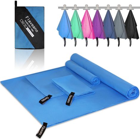Mikrofaserhandtuch-Set, 3-teilig (180 x 90 cm, 80 x 40 cm, 50 x 30 cm), schnelltrocknend für Strand, Pool, Camping, Fitnessstudio und Reisen – Blau