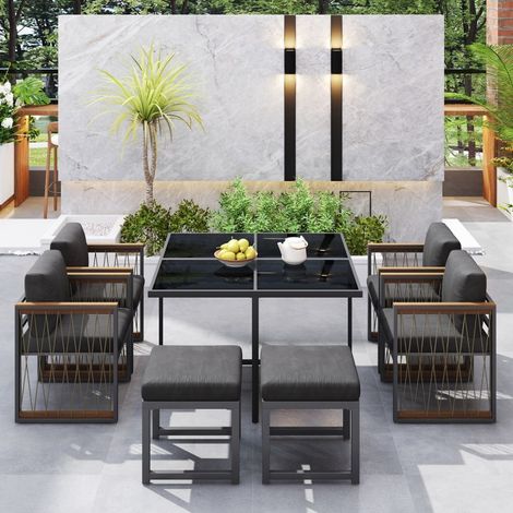 Ensemble Repas Jardin 7 Pièces 6 Places, Table Verre Trempé, Accoudoirs Bois Plastique (1/5)