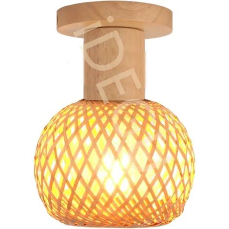 Plafonnier Vintage,15cm Lampe de Plafond Industriel Abat-jour en Bambou et Bois Design Réglable E27 Plafonnier Style Bohème (1/5)