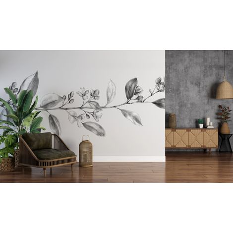 Papier peint nature - branche fleurie en noir et blanc - 150 x 250 cm (1/2)