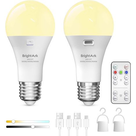 2 ampoules rechargeables USB E27 avec télécommande, 3 couleurs température dimmable, ampoule de batterie rechargeable LED avec fonction de synchronisation d'éclairage de secours (1/4)