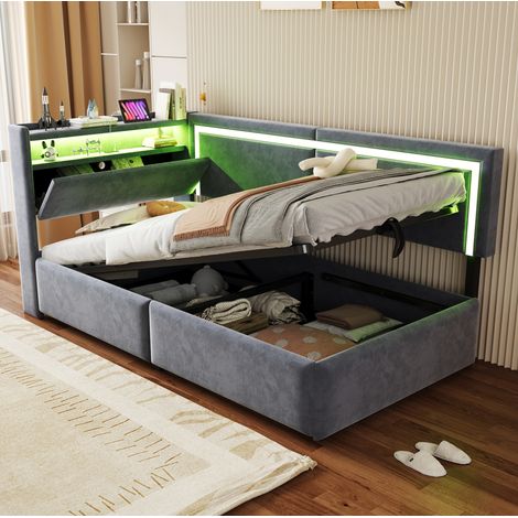 DESVIAE Canapé lit rembourré 90 x 200 cm avec rangement hydraulique LED USB tête de lit avec étagères et coffre velours gris sommier à lattes (1/5)