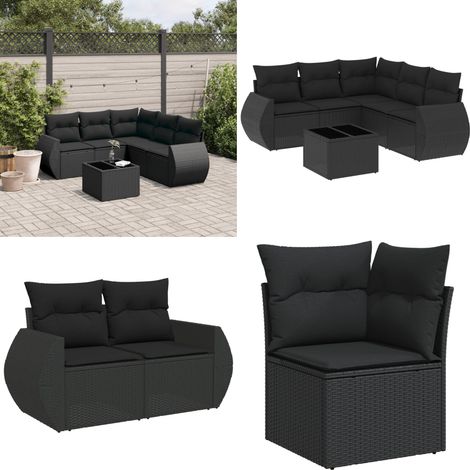 Salon de jardin 6 pcs avec coussins noir résine tressée - Ensemble Salon De Jardin - Meuble De Jardin - Jardin Design - Mobilier Exterieur - Chaise Lounge - Home & Living (1/5)