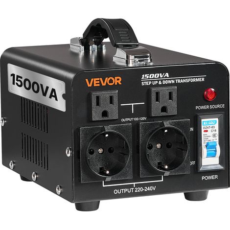 VEVOR Trasformatore di Tensione Elevatore Riduttore da 220 V a 110 V e da 110 V a 220 V, 1500 VA, con Spine USA e UE, Cavo di Alimentazione, Protezione Interruttore 15A