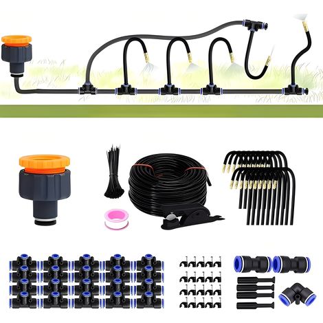Kit de riego por goteo automático de 20 m, conexiones rápidas sin herramientas, 20 boquillas de pulverización de cobre, chorro flexible de 360° para jardín, invernadero, césped y plantas. (1/5)