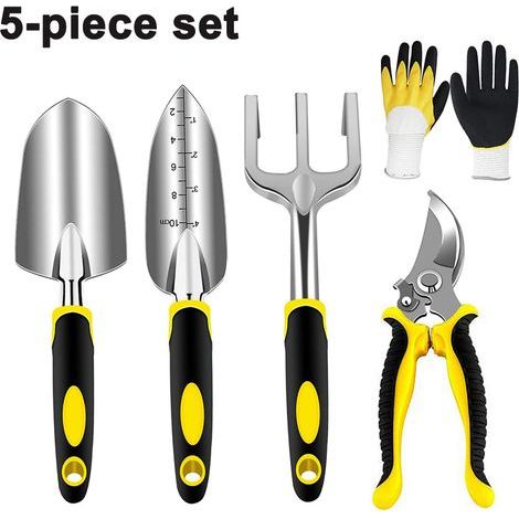 Ensemble d'outils de jardin en acier inoxydable, 5 pièces, comprenant un sécateur, une truelle, une truelle à planter, un râteau et des gants de jardinage. (1/4)